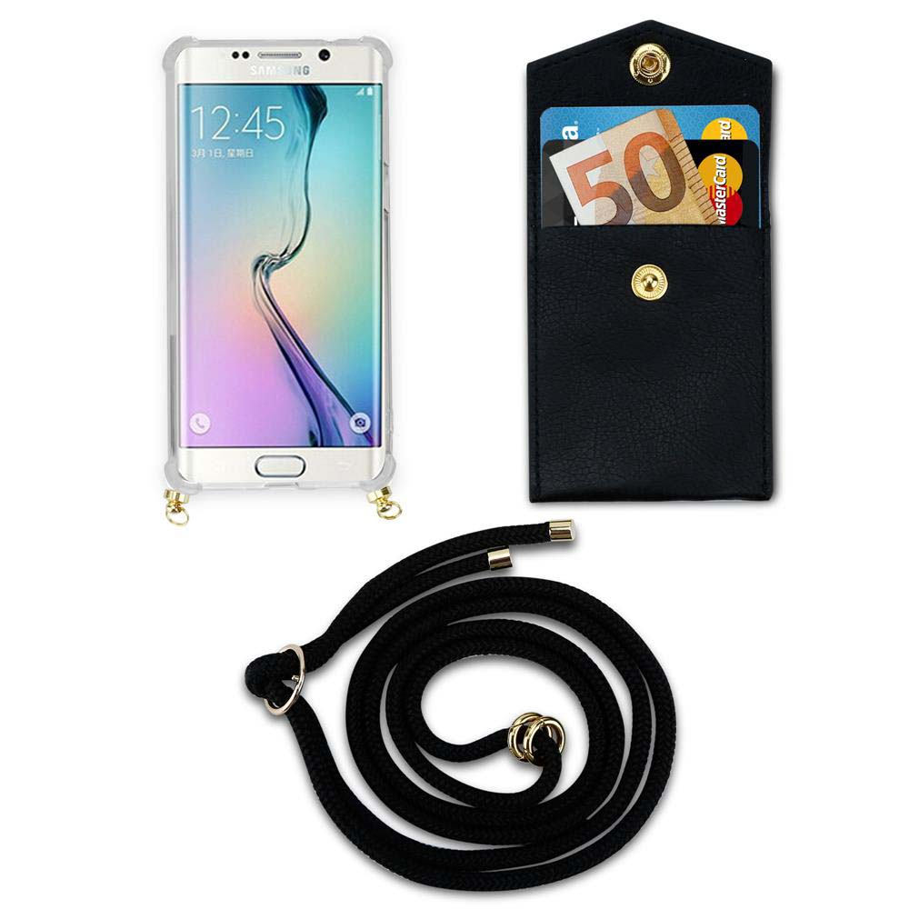 Un telefono, una custodia nera e un cordino nero con anello dorato. Un portafoglio nero con una carta.