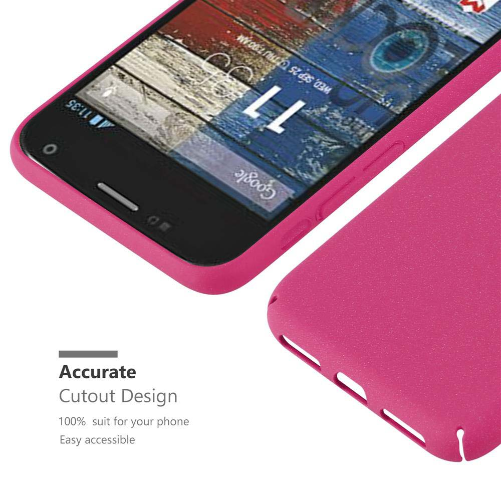 Custodia per telefono rosa su una superficie bianca. Il telefono mostra la schermata iniziale. Testo sul design del ritaglio.