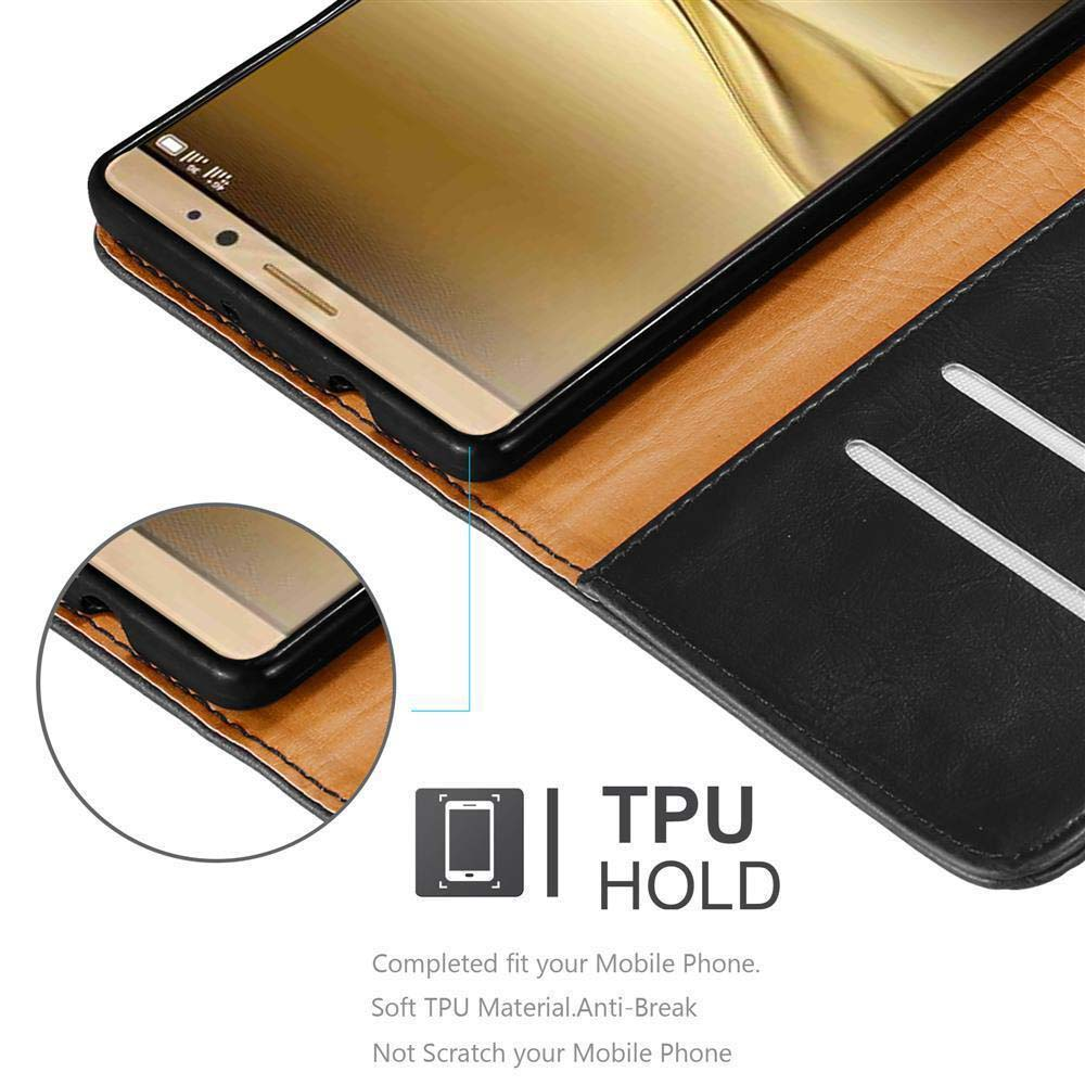 Telefono nero in una custodia marrone. Logo di supporto in TPU in basso. Carta nello slot.
