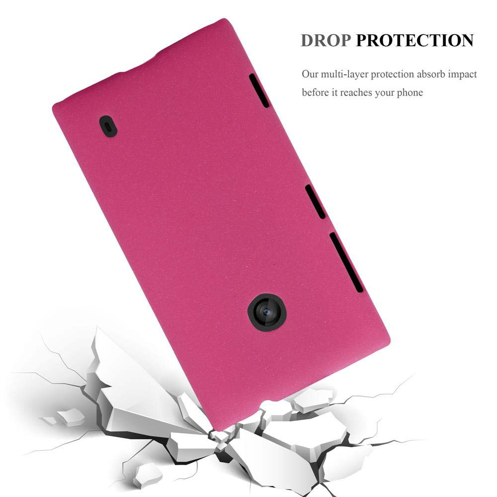 Una custodia per tablet rosa che cade, con pezzi di cemento rotto a terra.