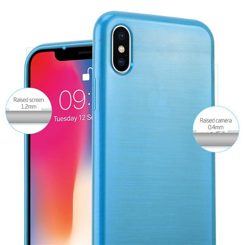 Blaue Handyhülle mit Telefon, Details zu erhöhtem Bildschirm und Kamera.