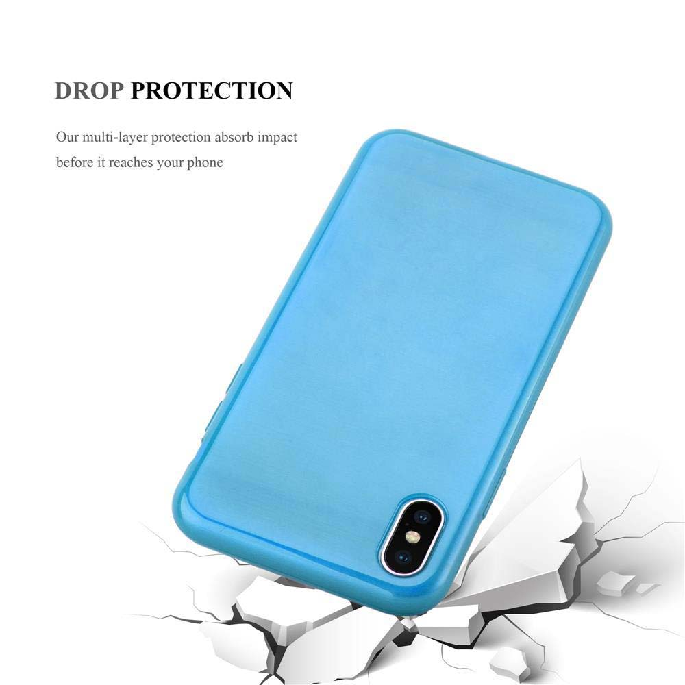 Eine hellblaue Handyhülle mit der Aufschrift „DROP PROTECTION“ auf weißem Hintergrund.