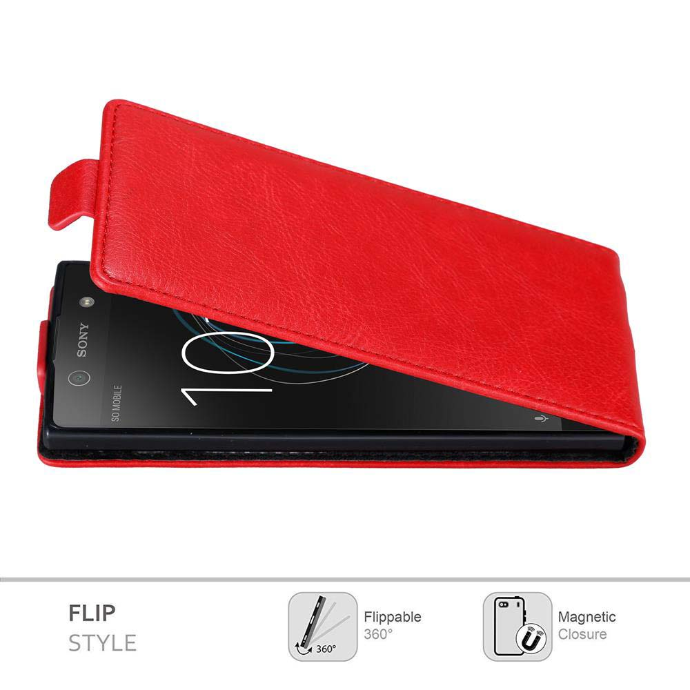 Custodia rossa per telefono aperta, con un telefono all'interno. La custodia è su una superficie bianca.