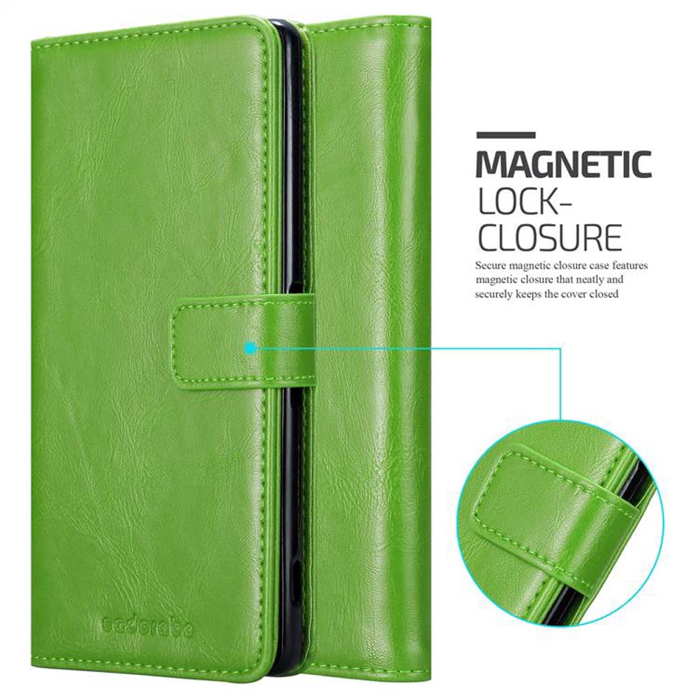 Custodia per telefono verde con un telefono all'interno. La custodia è chiusa da una chiusura magnetica. Lo schermo del telefono è visibile.