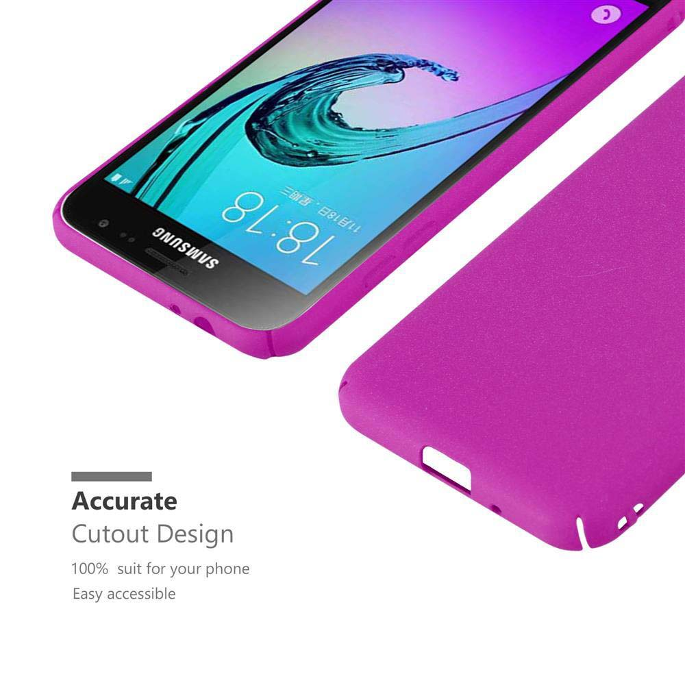 Un telefono e una custodia viola. Il telefono mostra lo schermo. Il testo a sinistra dice Accurate Cutout Design.