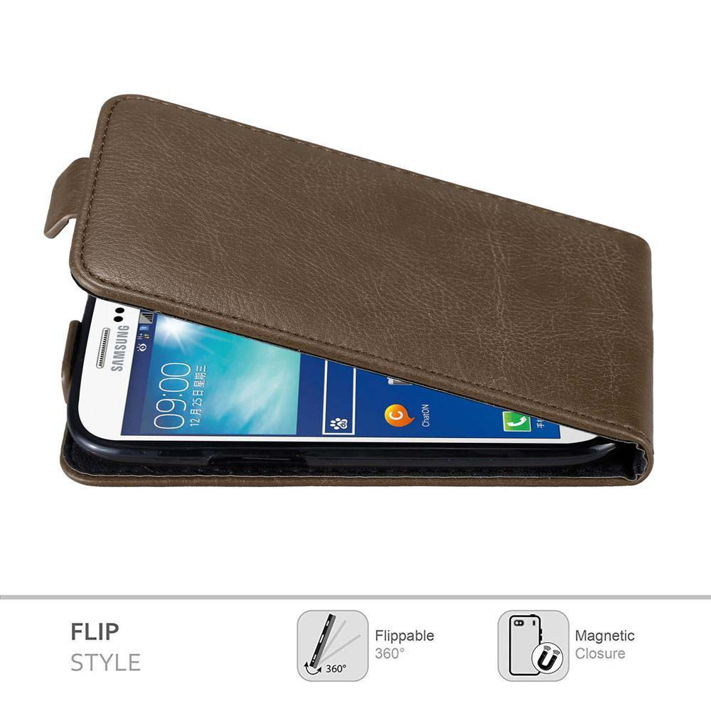 Braune Handyhülle offen, ein Telefon zeigend. Das Telefon zeigt die Uhrzeit an.
