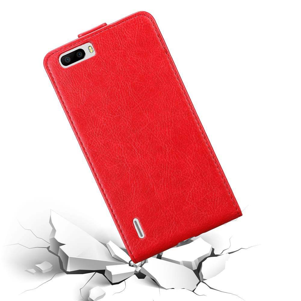 Una custodia rossa per telefono aperta, con un telefono all'interno. La custodia sta cadendo e ha la protezione dalle cadute.