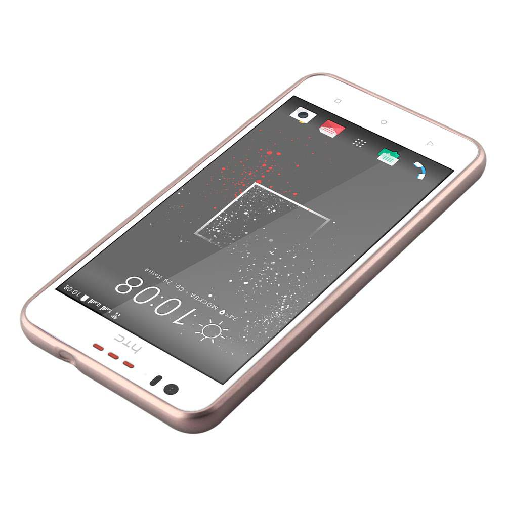 Teléfono blanco con funda rosa que muestra una pantalla.