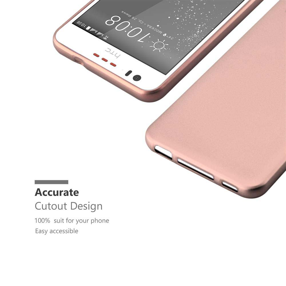 Un teléfono oro rosa con una funda a juego. El teléfono muestra la hora.