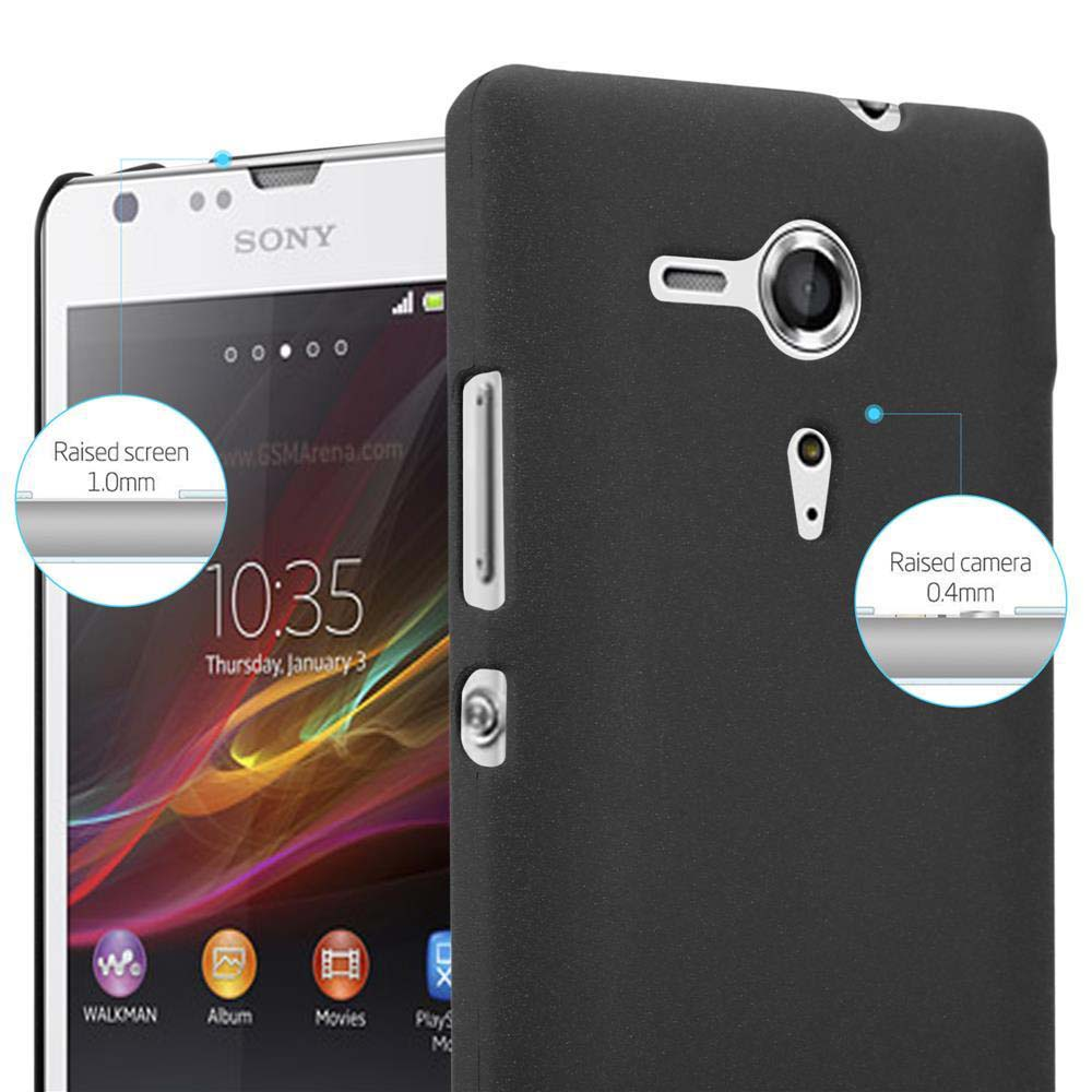 Primer plano de una funda de teléfono negra con un teléfono Sony, el texto indica pantalla y cámara elevadas.