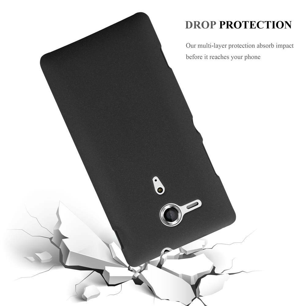 Funda de teléfono negra, efecto de suelo agrietado. El texto dice: PROTECCIÓN CONTRA CAÍDAS.