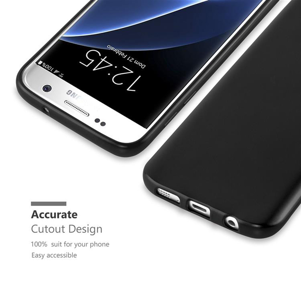 Teléfono negro con funda. La pantalla muestra la hora. La funda está a la derecha.