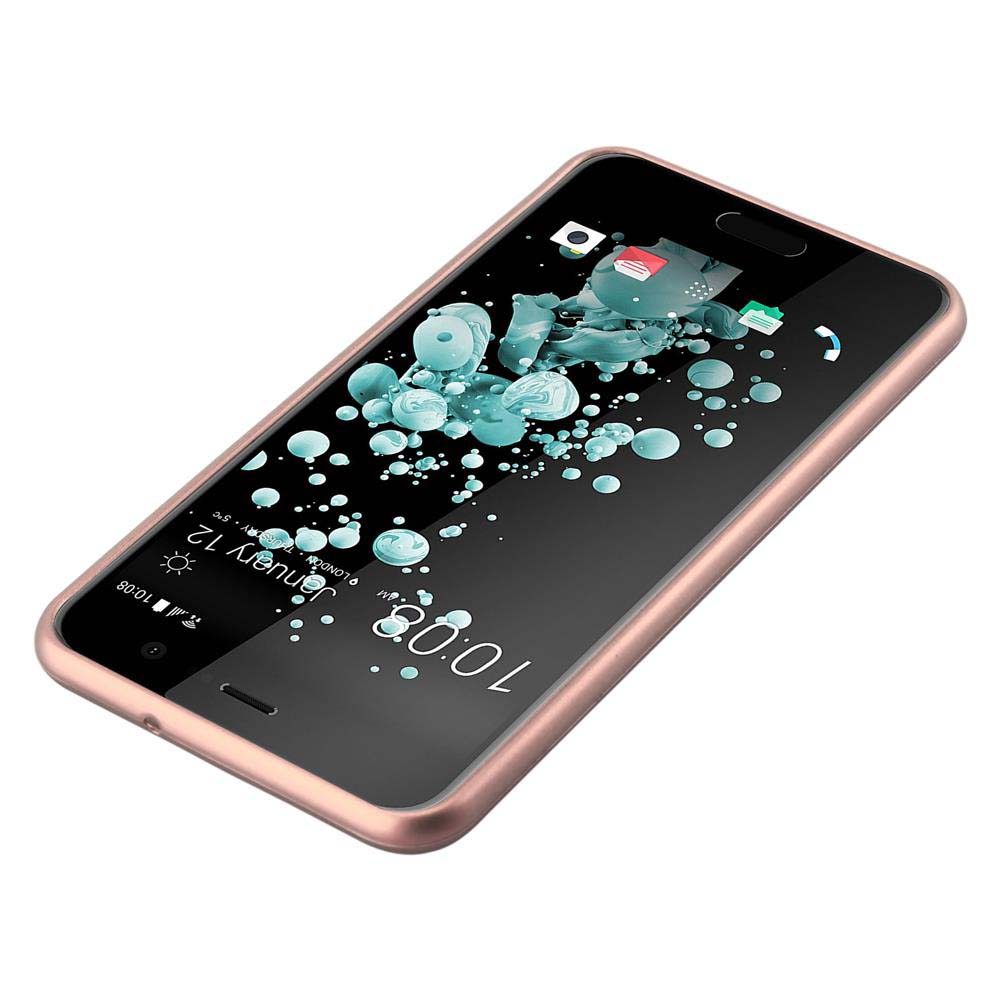 Roségoldenes Telefon mit digitalem Bildschirm mit blauem abstraktem Grafik.