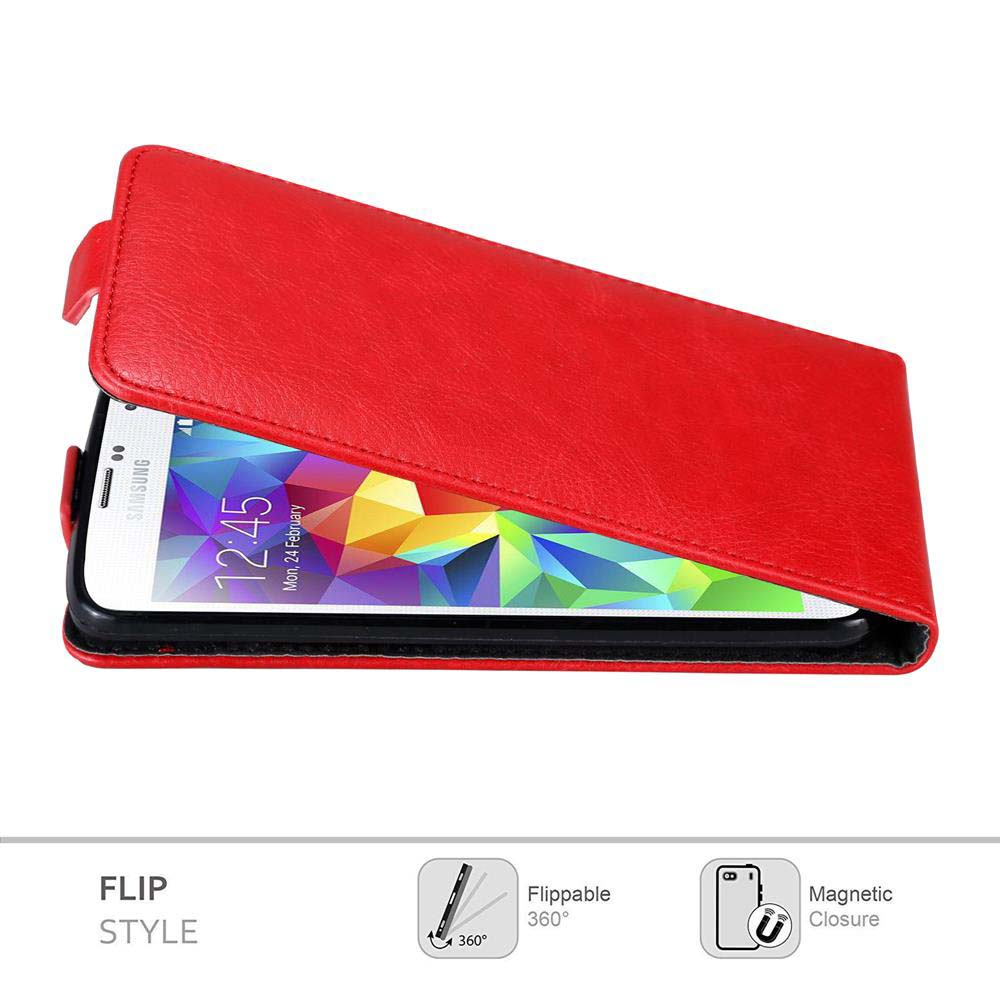 Rote Leder-Handyhülle mit Telefon im Inneren. Flip-Stil und Magnetverschluss werden gezeigt.
