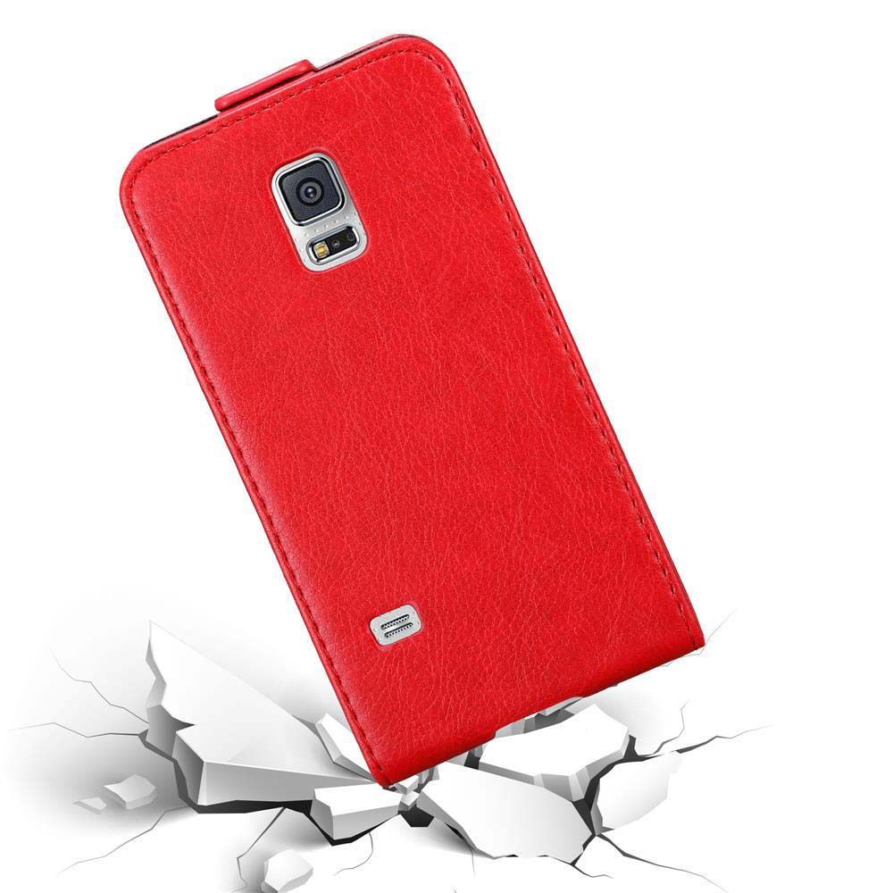 Rote Leder-Handyhülle, abgewinkelt auf Weiß mit Rissen. Kamera sichtbar. Text: Drop Protection.