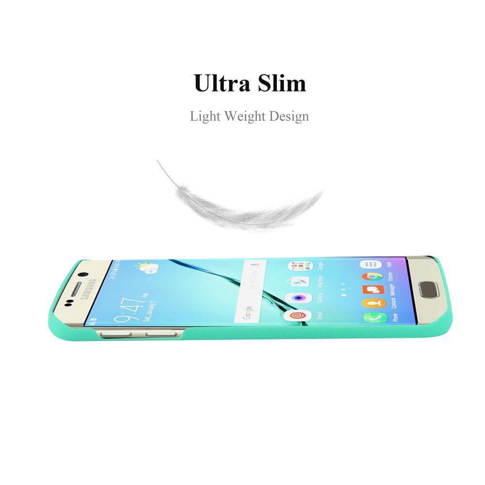 Türkisblaues Telefon in türkisfarbener Hülle. Weiße Feder Grafik. Text: Ultra Slim, Light Weight Design.