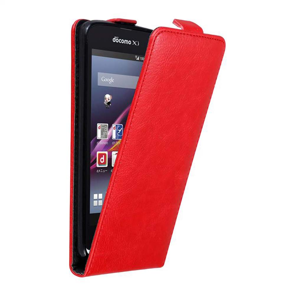 Eine rote Handyhülle mit einem Handy darin. Das Handy zeigt eine Google-Suchseite.
