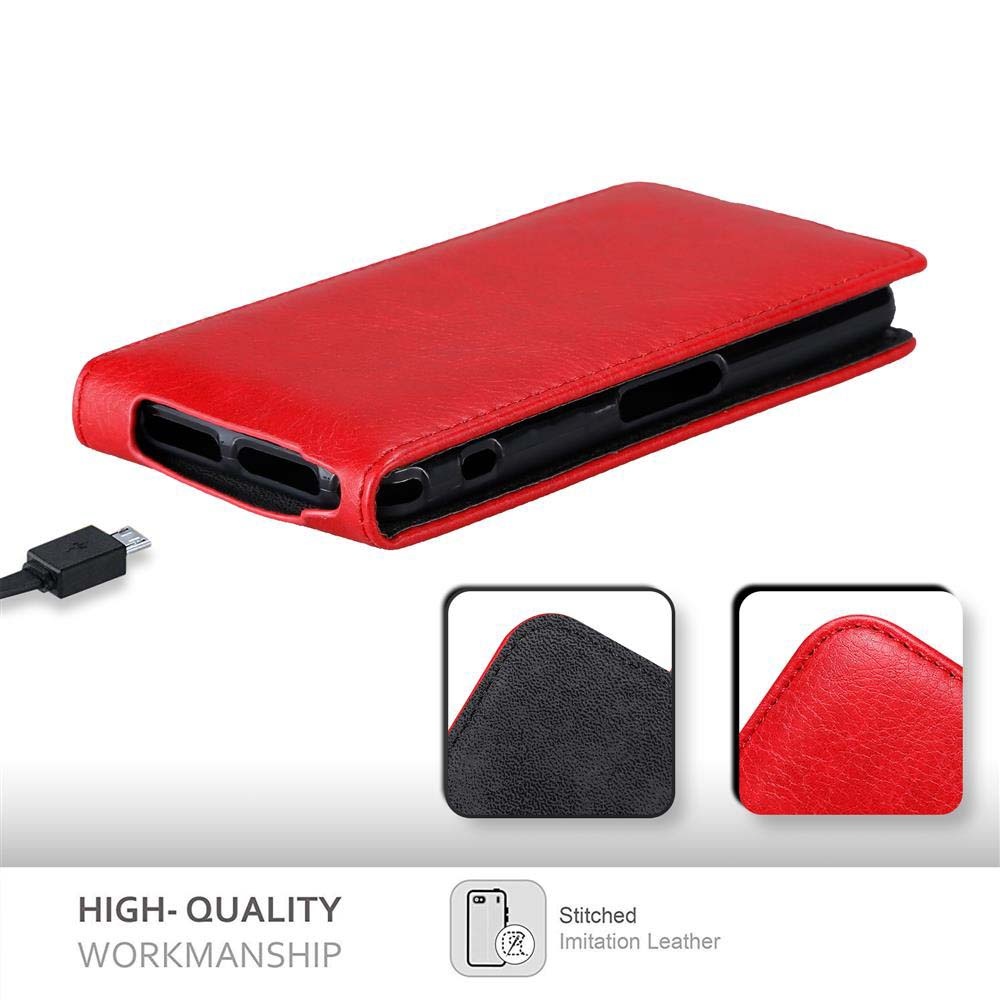 Rote Handyhülle, geöffnet, das Telefon zeigend, mit einem USB-Kabel. Zu den Merkmalen gehört hochwertige Verarbeitung.