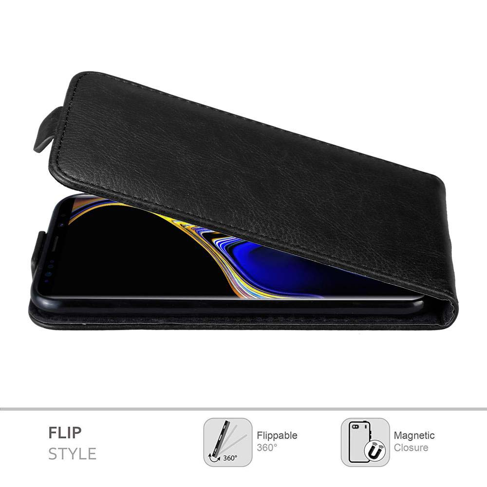 Custodia a flip nera con telefono all'interno. Testo: Flip Style, Flippable, Chiusura Magnetica.