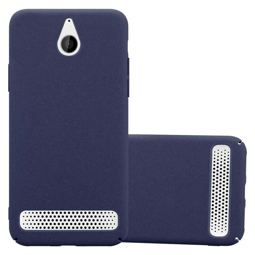 Coque de téléphone bleu foncé avec découpes pour caméra et boutons. Haut-parleur perforé en bas.
