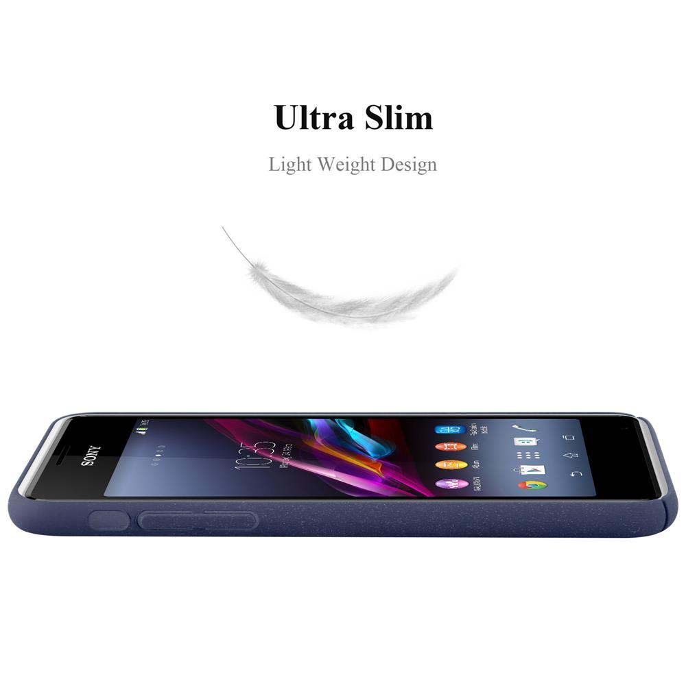 Coque de téléphone bleue avec téléphone dedans, texte 'Ultra Slim' et un graphisme de plume.