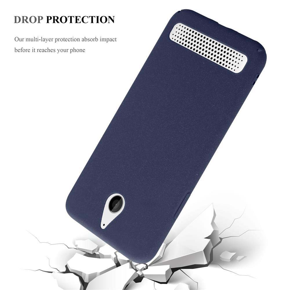 Une coque de téléphone bleue avec un fond blanc. Texte : Protection contre les chutes.