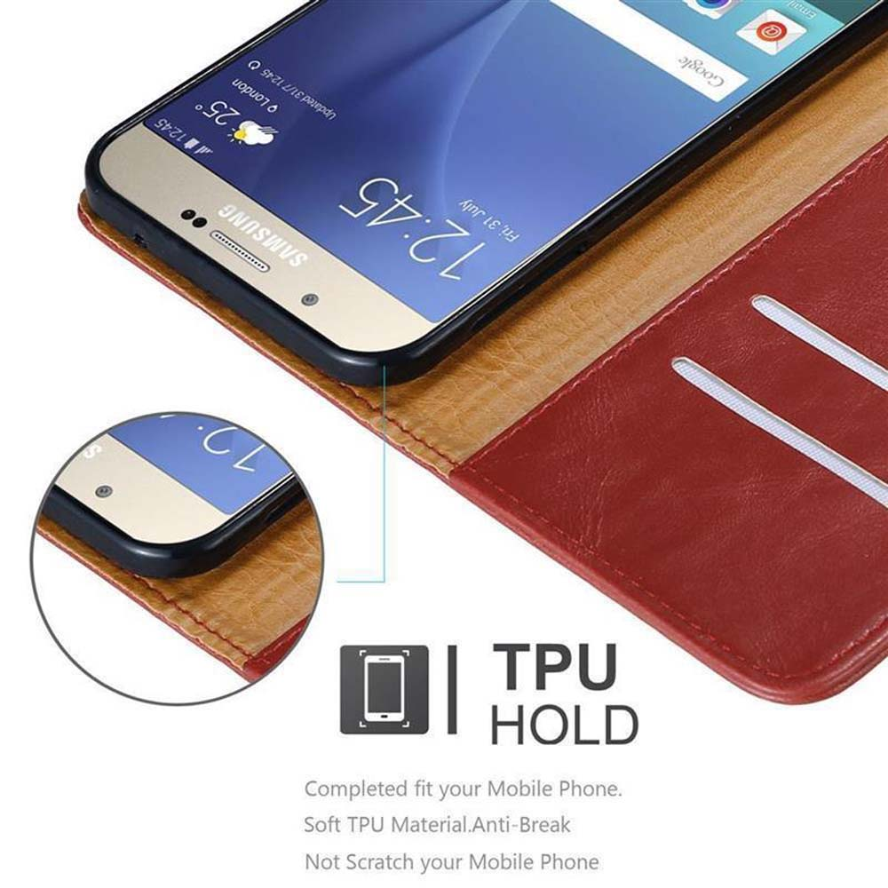 Un telefono in una custodia rossa. Lo schermo mostra l'ora e la data. La custodia ha un supporto in TPU.