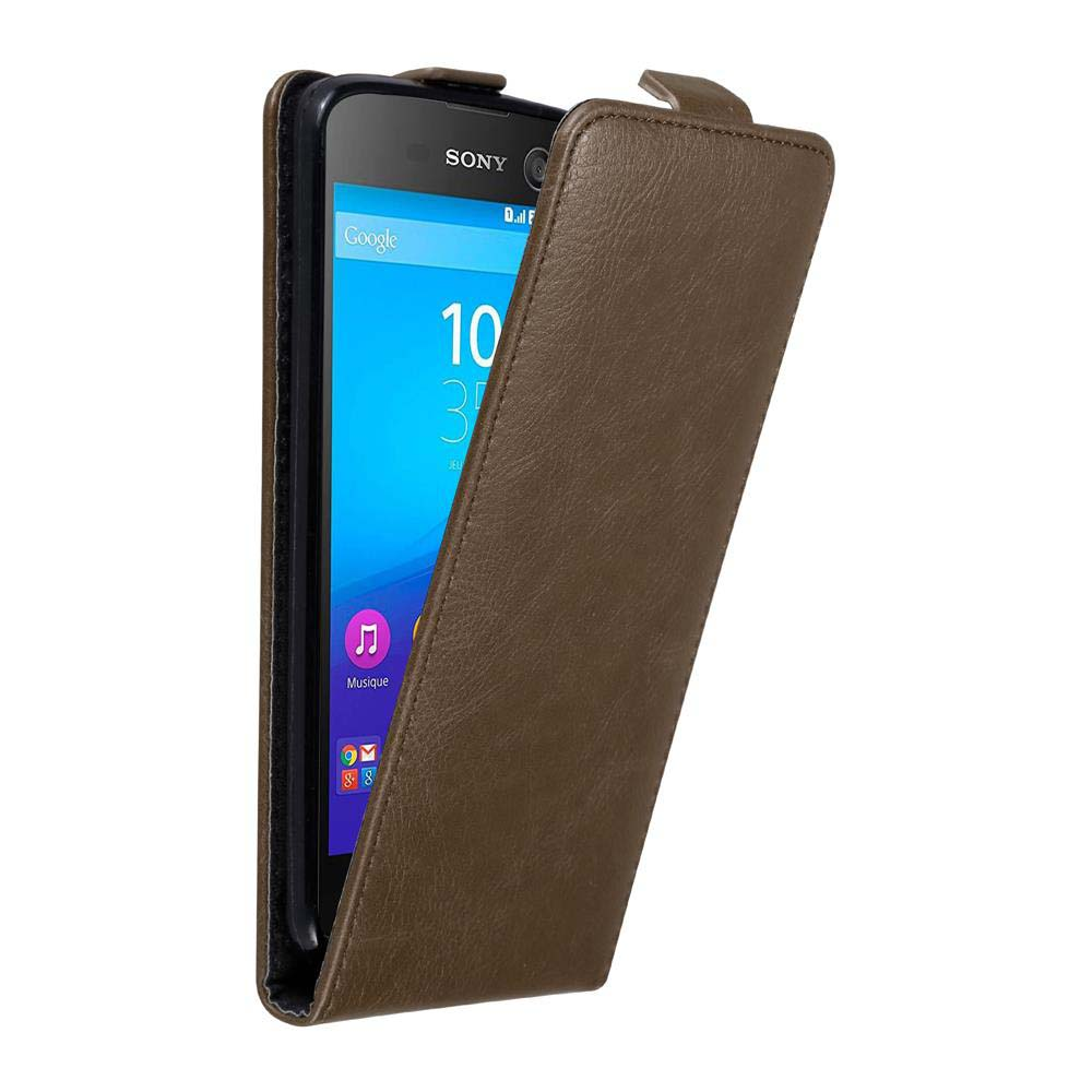 Funda marrón para teléfono abierta, mostrando la pantalla. Tiene una solapa.