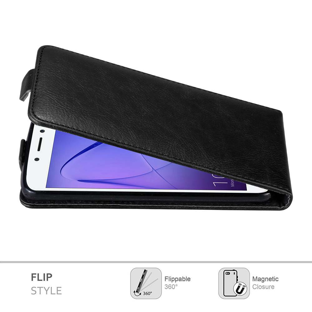 Custodia nera per telefono, aperta, con schermo. Icone indicano stile flip, girevole a 360° e chiusura magnetica.