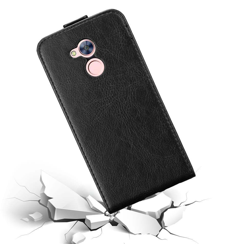 Custodia per telefono nera che cade, rompendo il terreno bianco. La custodia ha una fotocamera.