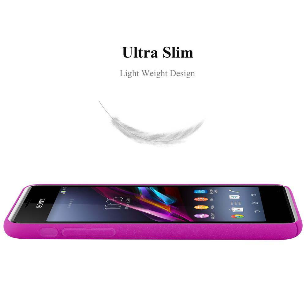 Un téléphone violet dans un étui. Le texte ci-dessus indique 'Ultra Slim', 'Light Weight Design'.