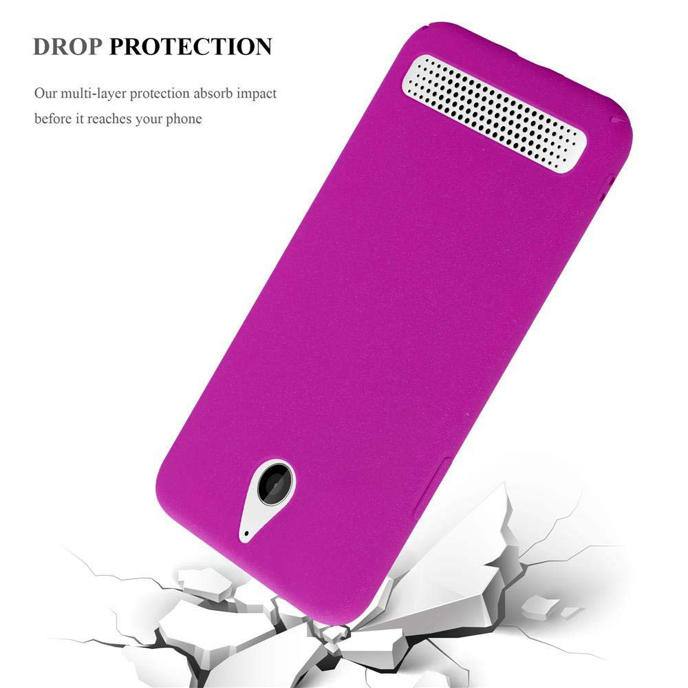 Coque de téléphone violette frappée par un bloc de béton qui se brise. 'Drop Protection' est le texte.