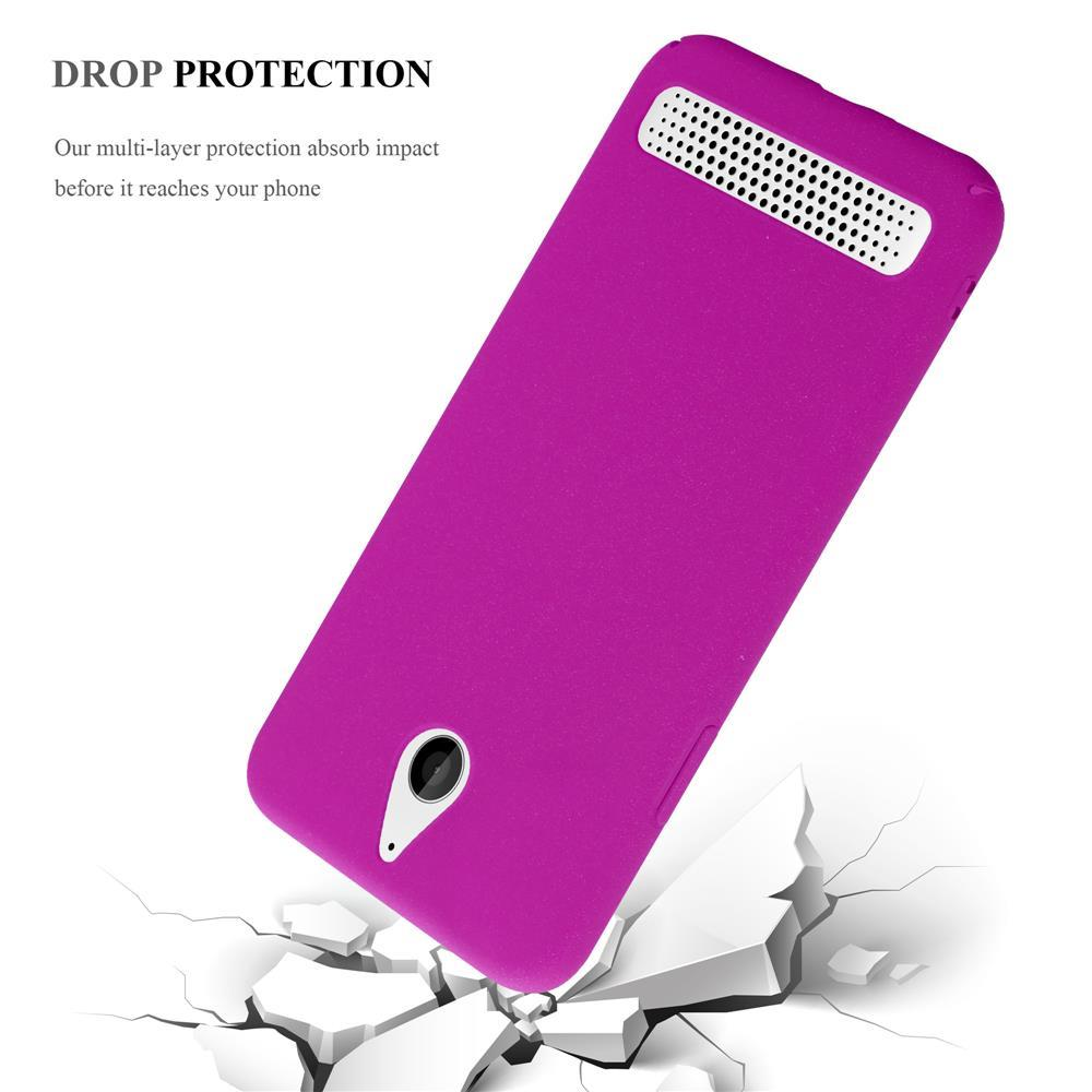 Coque de téléphone violette sur une surface blanche, avec une surface fissurée en dessous.