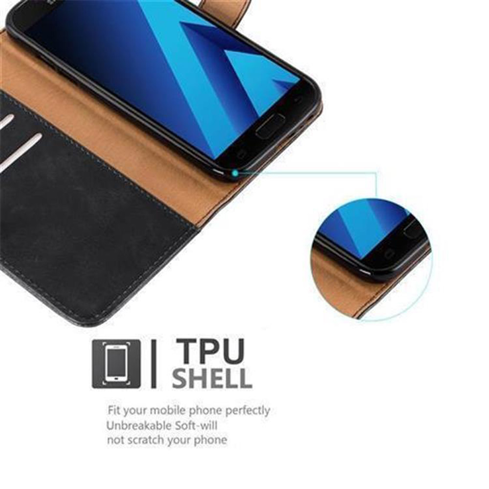 Telefon in einer schwarz-braunen Hülle. Text: TPU SHELL. Die Hülle ist offen gezeigt.