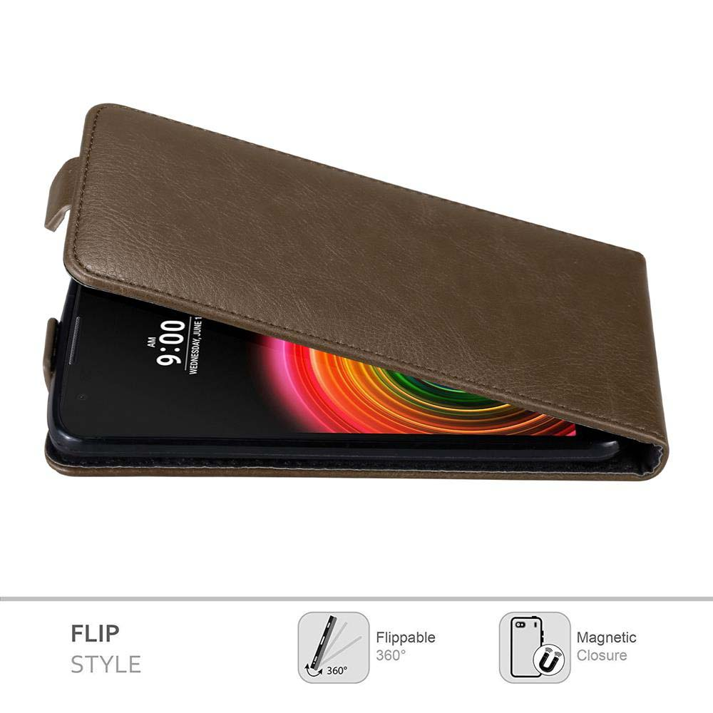 Custodia a flip marrone, telefono che mostra l'ora. Testo: Flip Style, Flippable, Chiusura Magnetica.