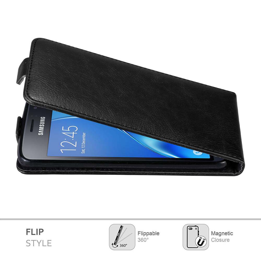 Schwarze Leder-Handyhülle mit Telefon. Text: Flip-Stil, umklappbar, Magnetverschluss.