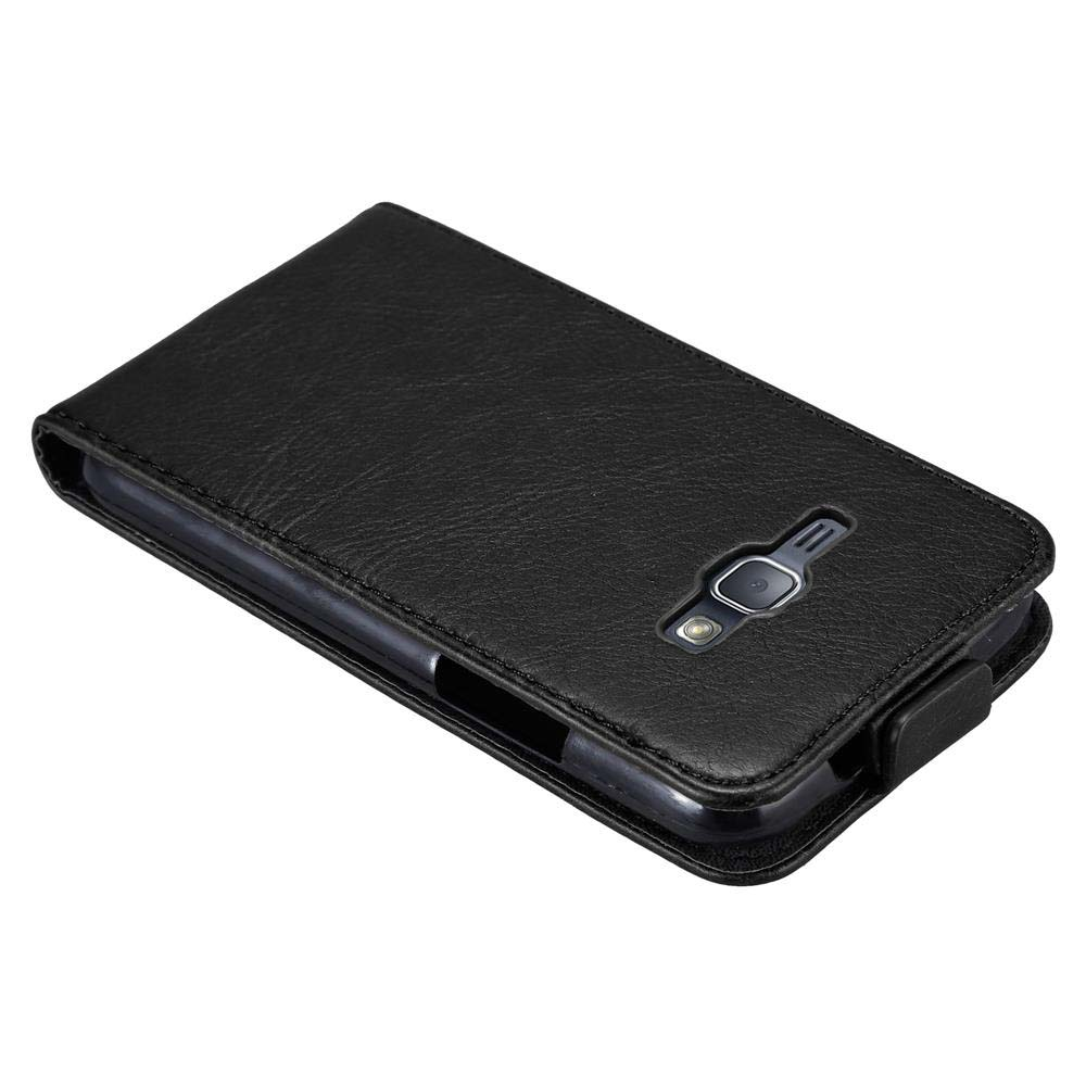 Eine schwarze Leder-Handyhülle wird gezeigt. Sie hat ein schwarzes Telefon im Inneren.