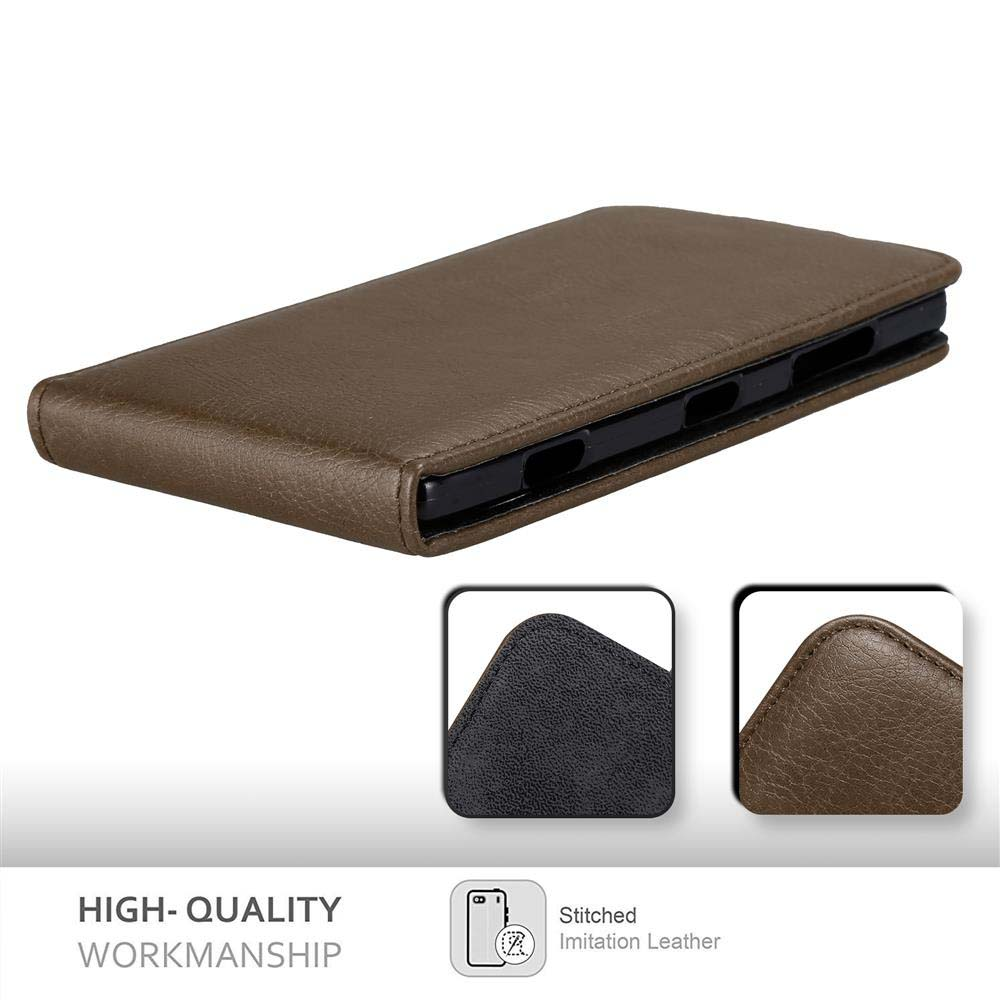 Braune Leder-Handyhülle. Zwei eingesetzte Bilder. Text: High-Quality Workmanship, Stitched Imitation Leather.