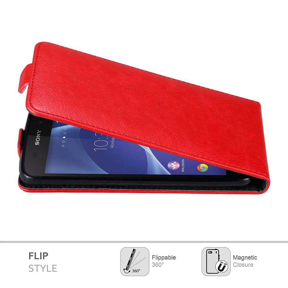 Eine rote Handyhülle mit einem Telefon darin. Es ist eine Flip-Style-Hülle.