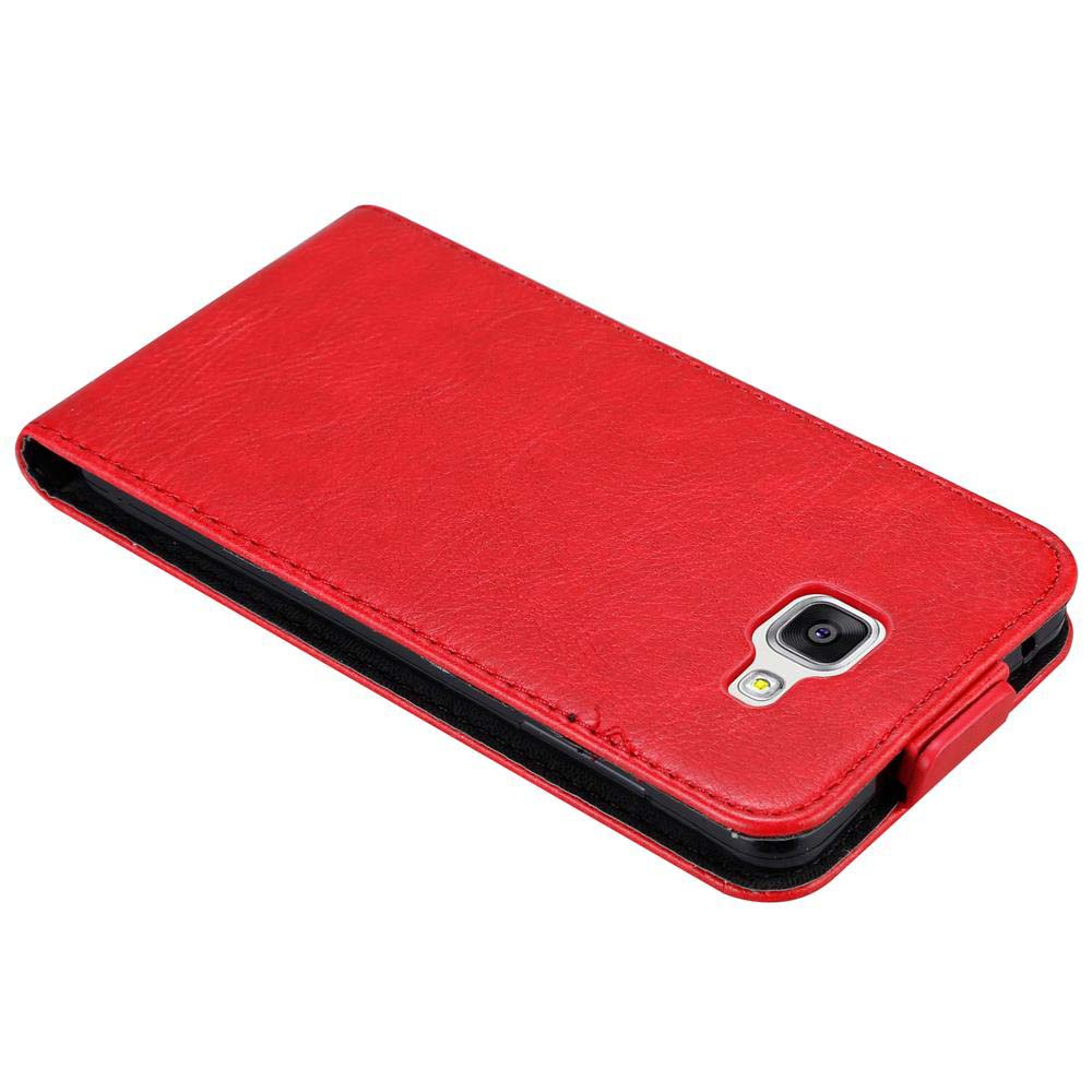 Custodia in pelle rossa per telefono, aperta. Parte posteriore del telefono visibile. Bordi e cuciture neri.