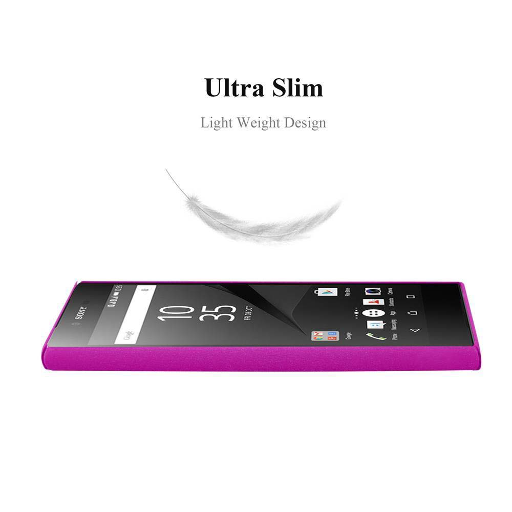 Lila Telefon mit Text Ultra Slim und einer Federgrafik.