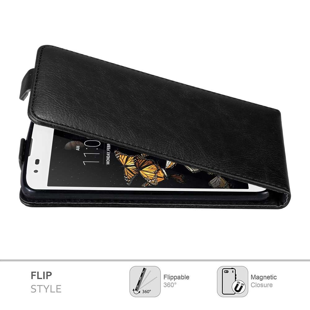 Eine schwarze Klapp-Handyhülle, offen, mit einem Telefon, das Schmetterlinge auf dem Bildschirm zeigt. Die Hülle hat einen Riemen.