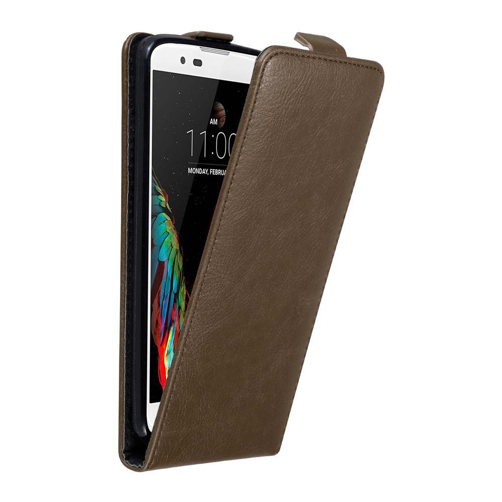 Teléfono en funda marrón. La funda está abierta. El teléfono muestra las 11:00, lunes.