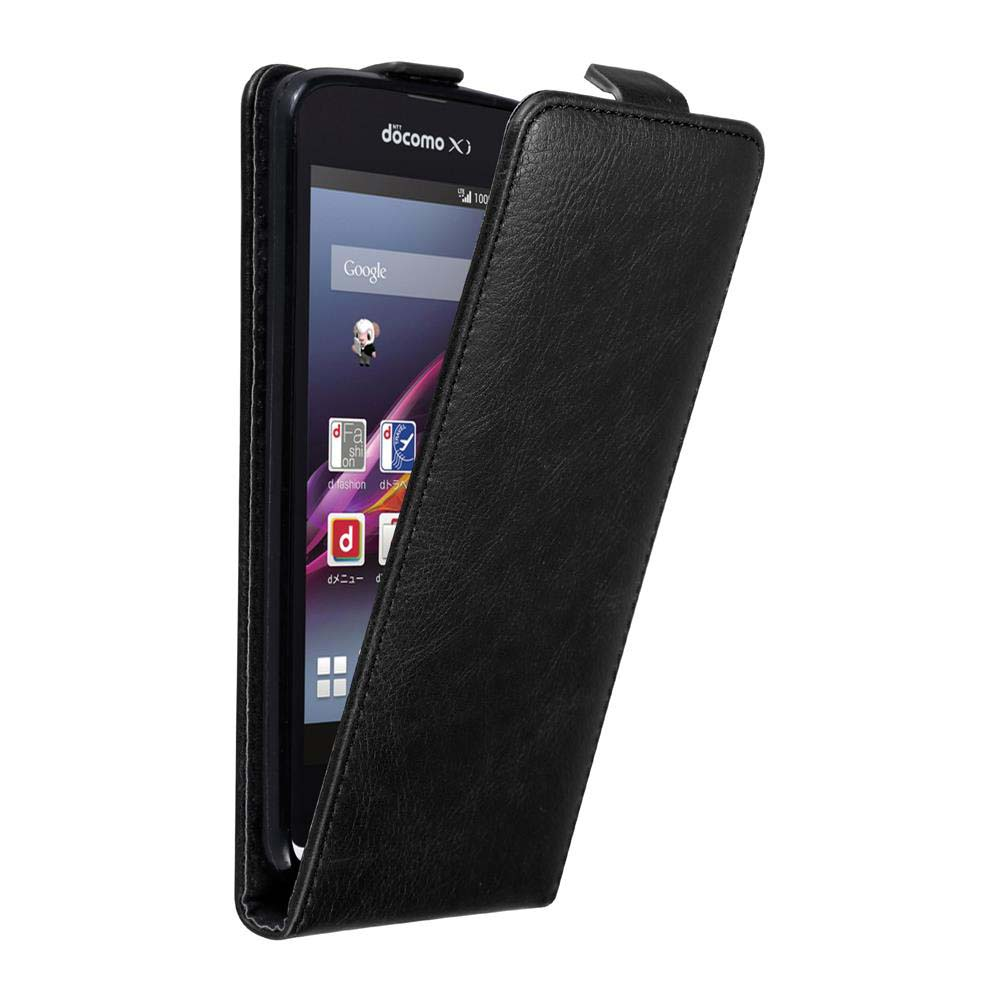 Ein schwarzes Telefon in einer schwarzen offenen Hülle. Das Telefon zeigt einen App-Bildschirm an.