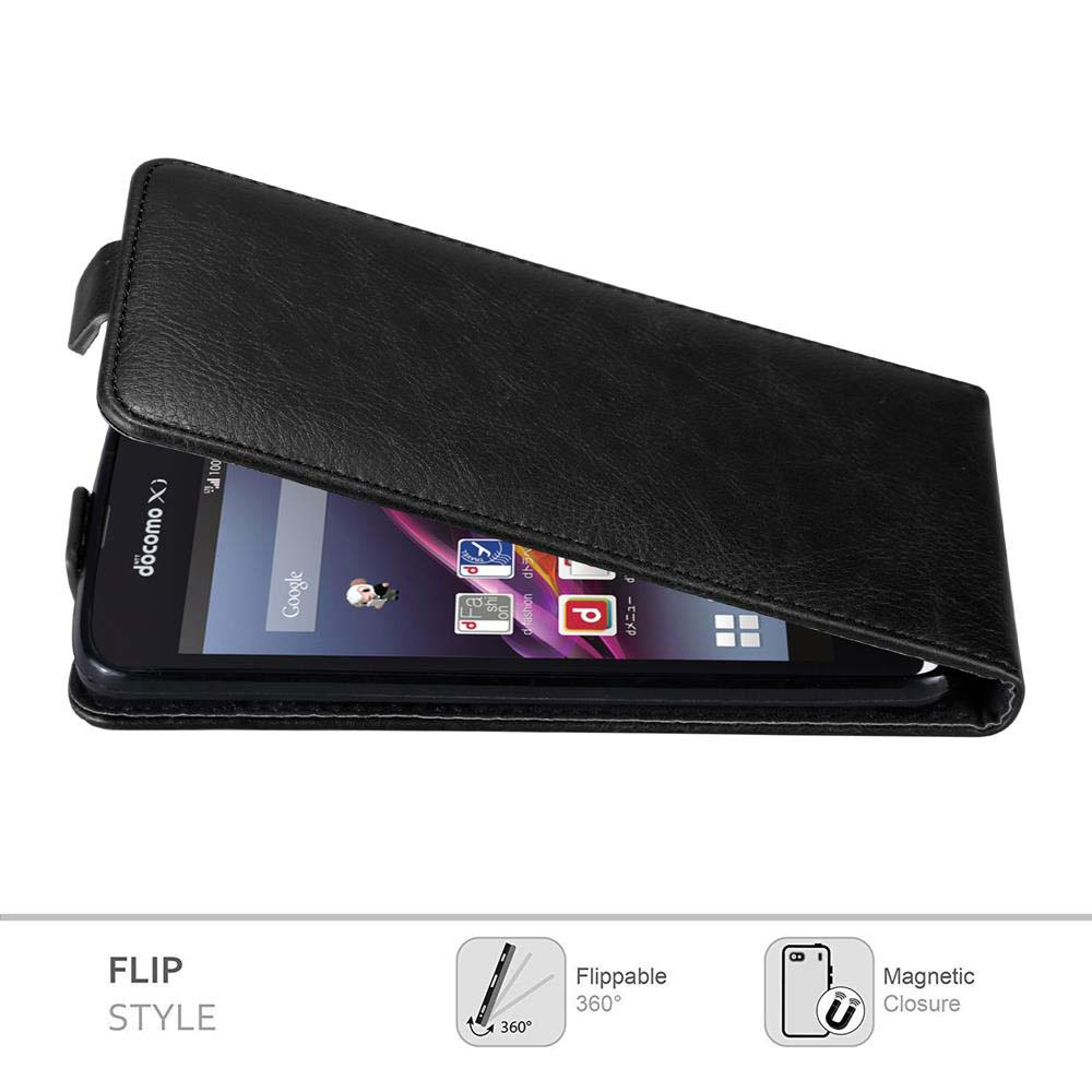 Schwarzes Telefon in einer schwarzen Leder-Klapphülle. Symbole auf dem Bildschirm sind sichtbar.
