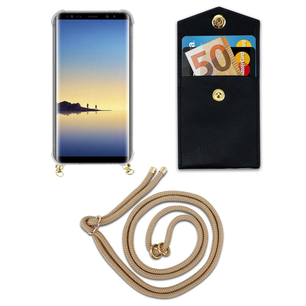 Telefono, custodia e cinturino. Portafoglio nero con carte. Cinturino in corda beige con attacchi dorati.