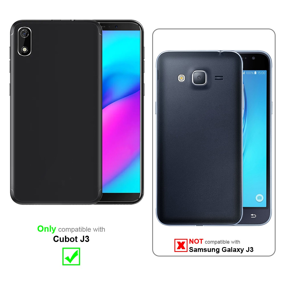 Due telefoni e custodie. Uno dice compatibile con Cubot J3, l'altro non compatibile con Samsung Galaxy J3.