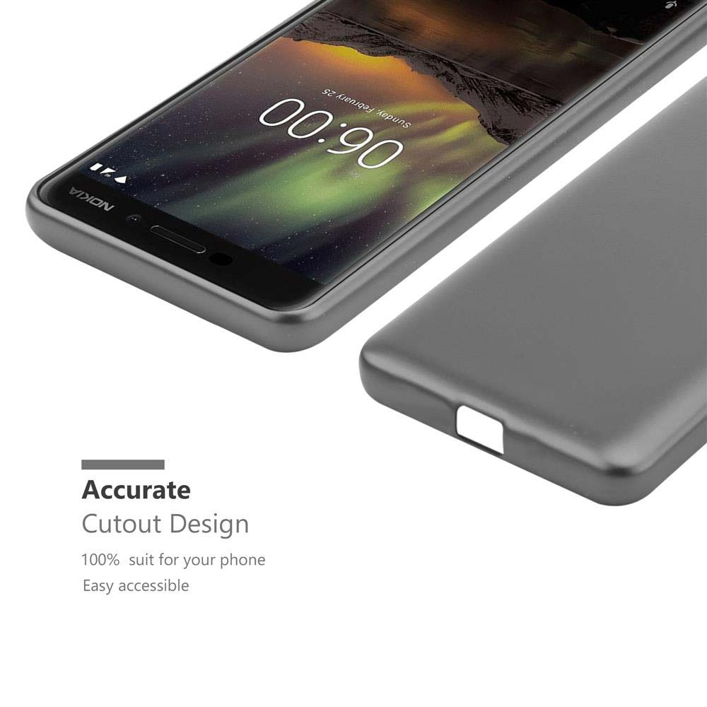 Eine graue Handyhülle mit einem Telefon. Text überlagert 'Accurate Cutout Design', '100% suit for your phone' und 'Easy accessible'.