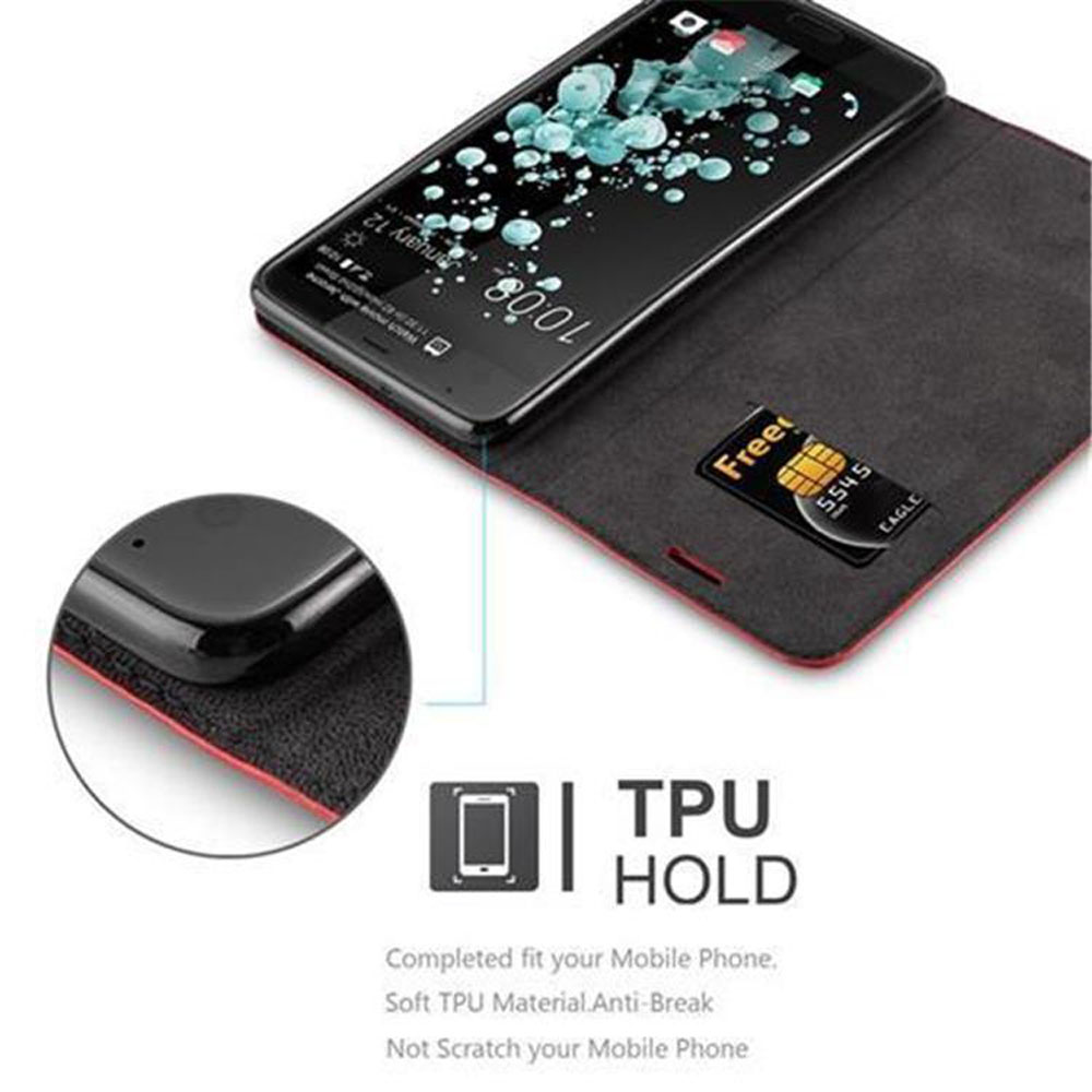 Un telefono è all'interno di una custodia con una carta, con la scritta 'TPU HOLD'. Dettagli sul materiale.