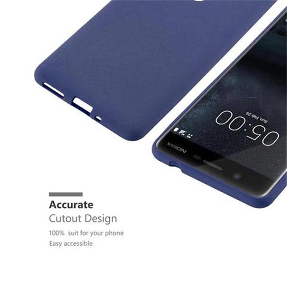 Custodia per telefono blu con un telefono e il testo 'Accurate Cutout Design', angolata su una superficie bianca.